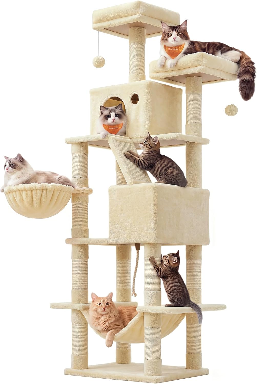 Feandrea Cat Tree, Multi-Level Condo - Beige / XXL (23.6"L x 19.7"W x 81.1"H)