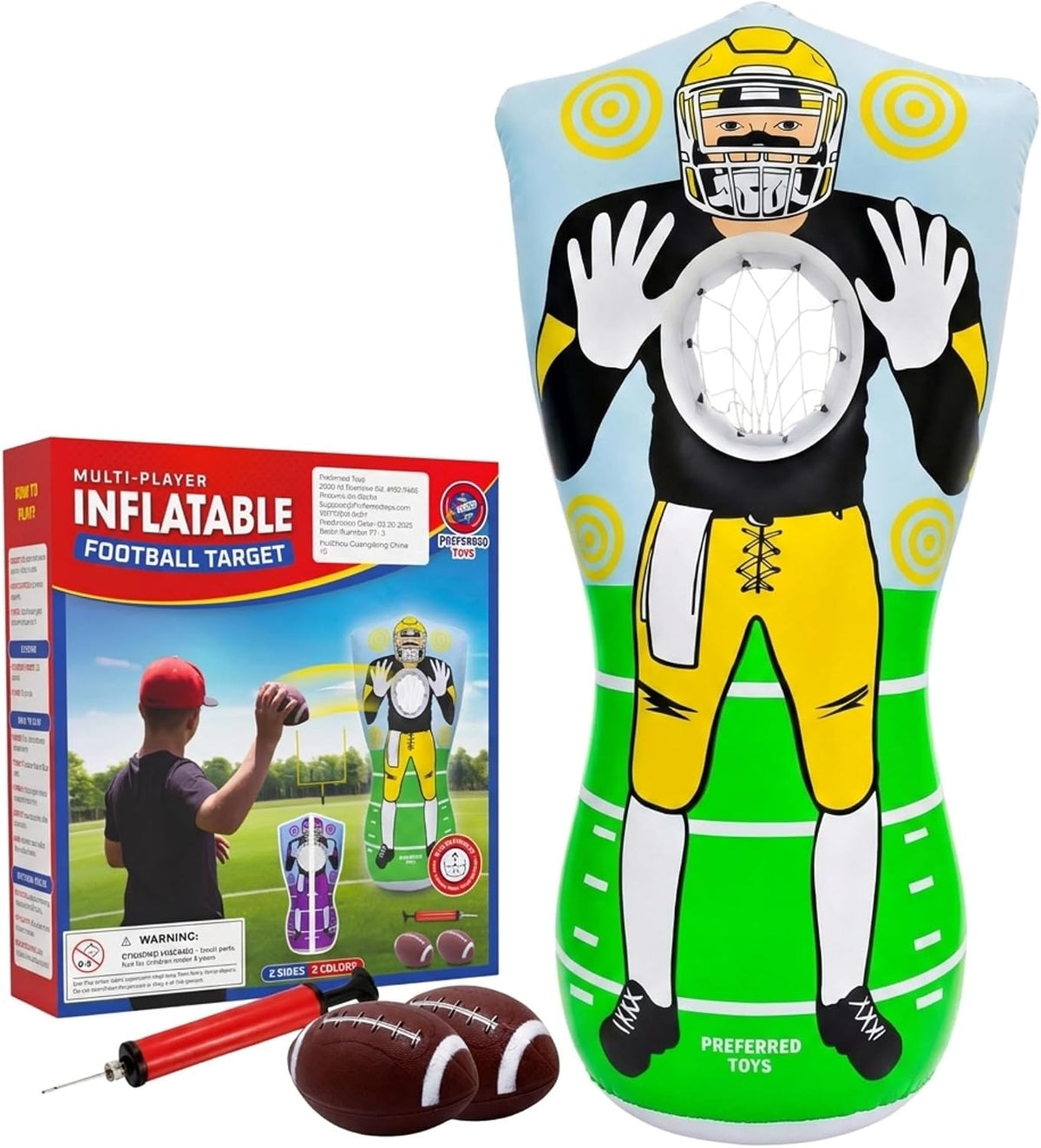 Preferred Toys 65” Inflatable Football Target Net Toss Game - Yellow/Purple