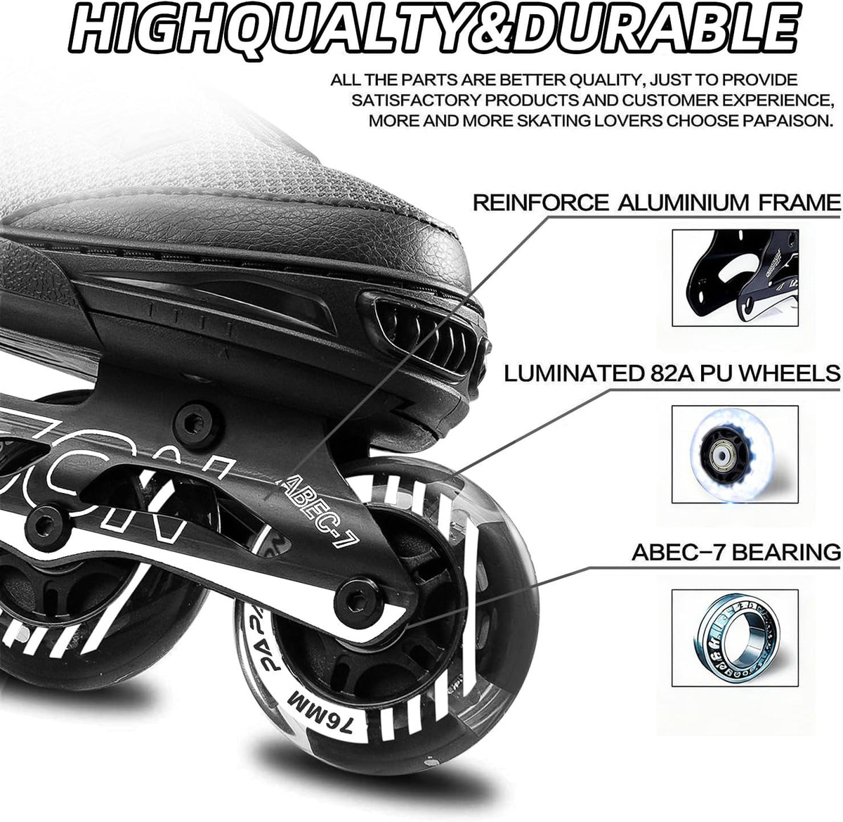 PAPAISON Adjustable Inline Skates for Kids and Adults with Full Light - Black / Large-Youth & Adult (5-8Women/4-7Kids Men) - image 3