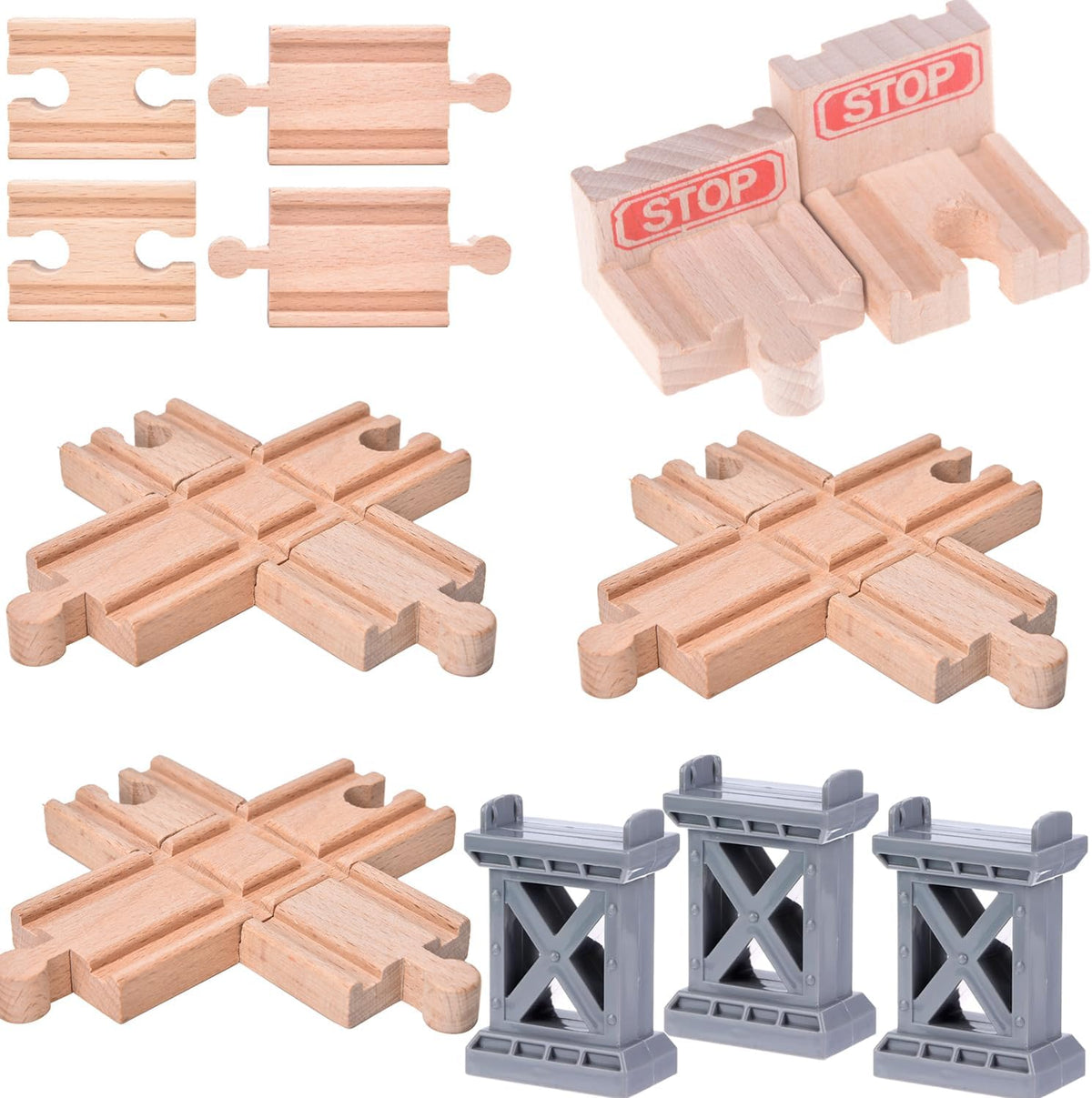 Ioffersuper wooden train track expansion set, 12 piece bump, cross, bridge pier and stop tracks