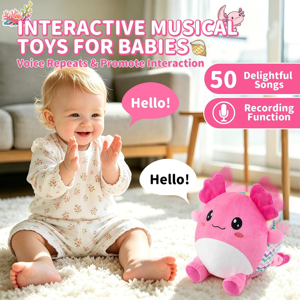 Musical Crawling Crab Baby Toy - Axolotl-pink - image 3