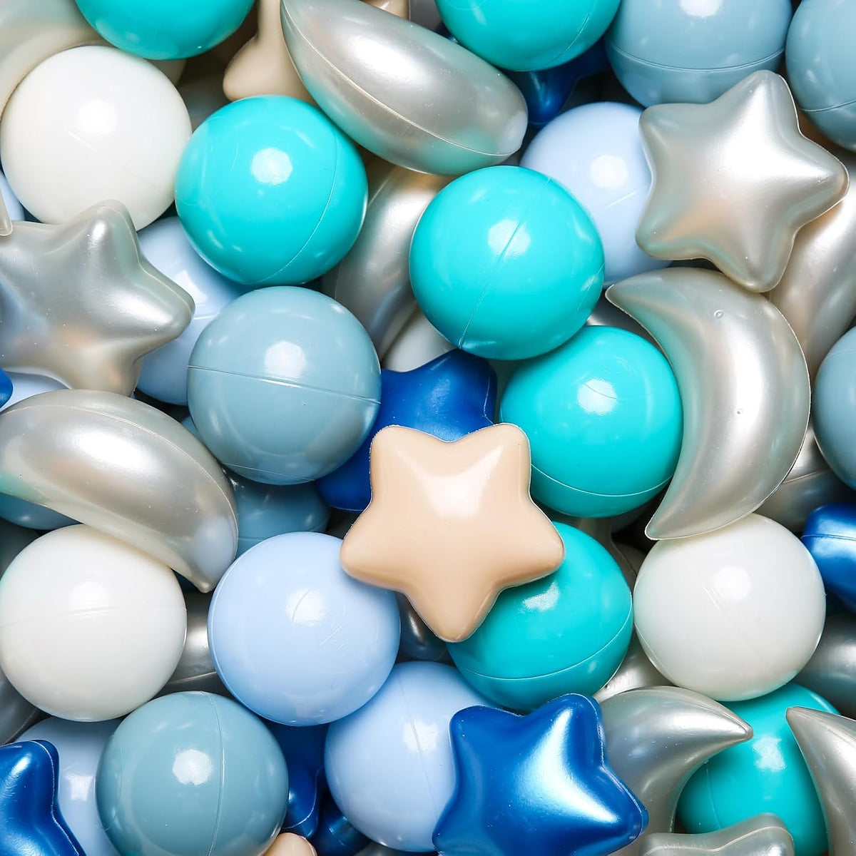 GOGOSO Ball Pit Balls Stars Moon Shapes Plastic Pitballs for Child - 100 balls / Pearl Gray+blue+green