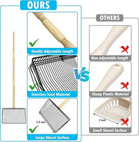 PINVNBY Stainless Steel Chicken Poop Scooper 3 in 1 Adjustable Wooden Handle Poop Scooper for Chicken(18.1" to 42.1")Multifunctional Chicken Coop Cleaning Tools Sifting Shovel Chicken Coop Accessories