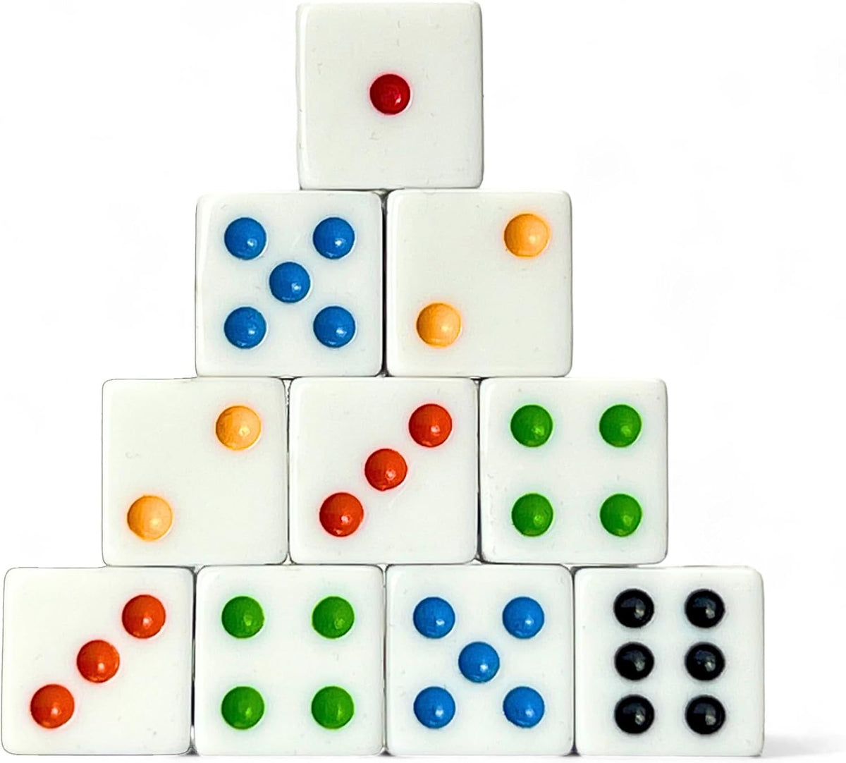 Luck Lab 6 sided dice set of 10 white 16mm D6 dice with multicolor rainbow pips - view 2
