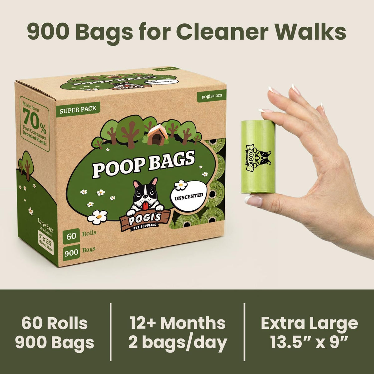 Pogi's Large Dog Poop Bags, Single Roll, Leak-Proof - 900 Count (Pack of 1) / Unscented - image 2