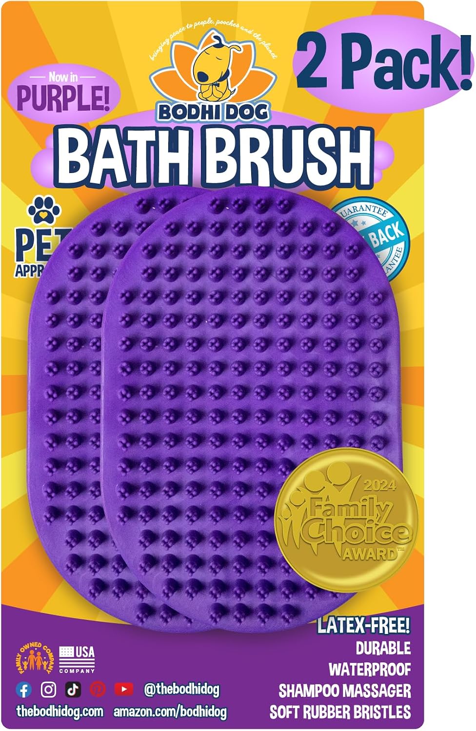 Bodhi Dog Shampoo Brush - Pet Grooming & Bath Supplies for Dogs and Cats - Bath Brush for Long - 2 Pack / Purple