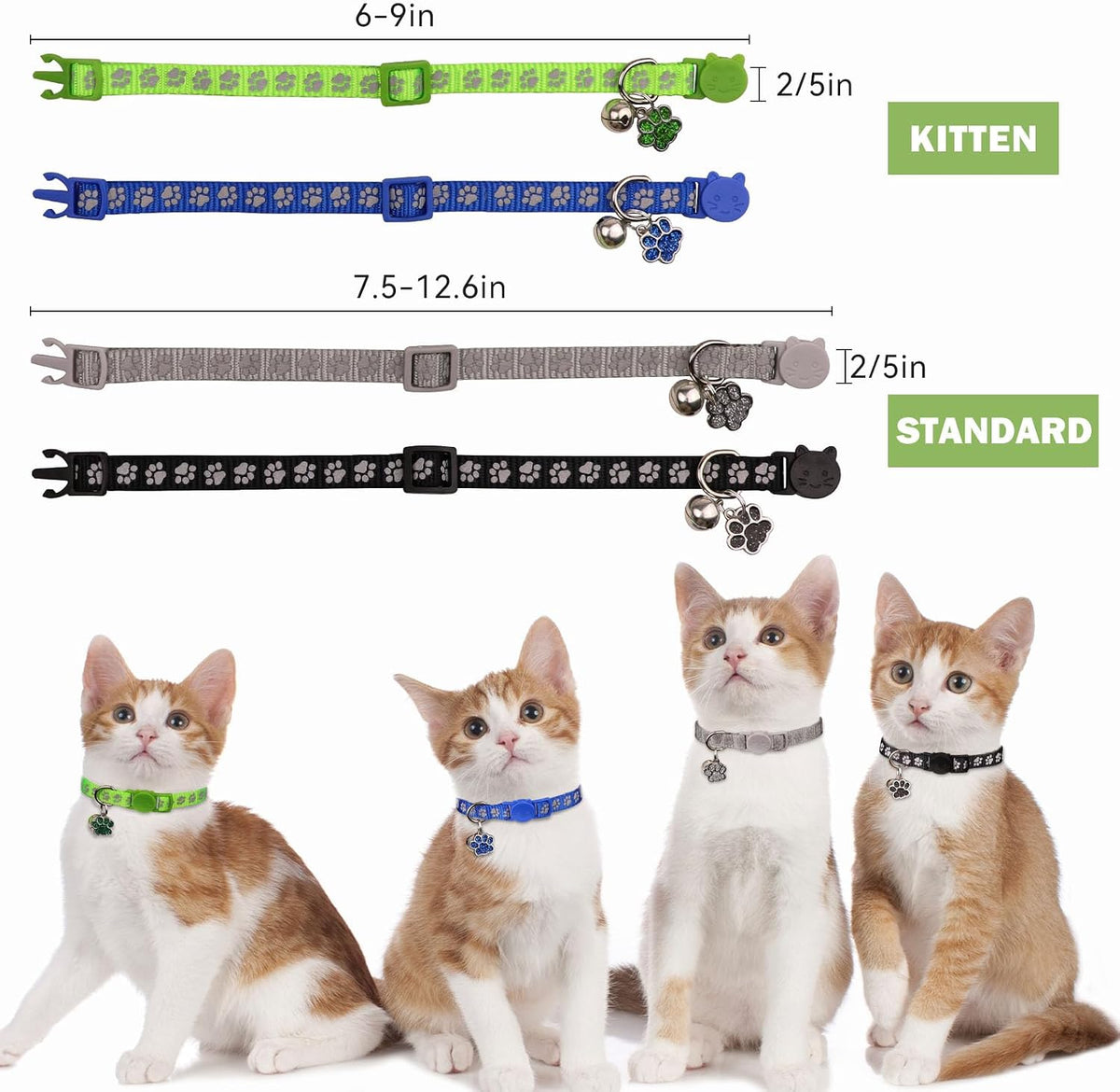 4PCS Breakaway Cat Collars, Reflective Cat Collar with Bells - 7.5-12.6 Inch / Black+Blue+Green+Grey - image 2