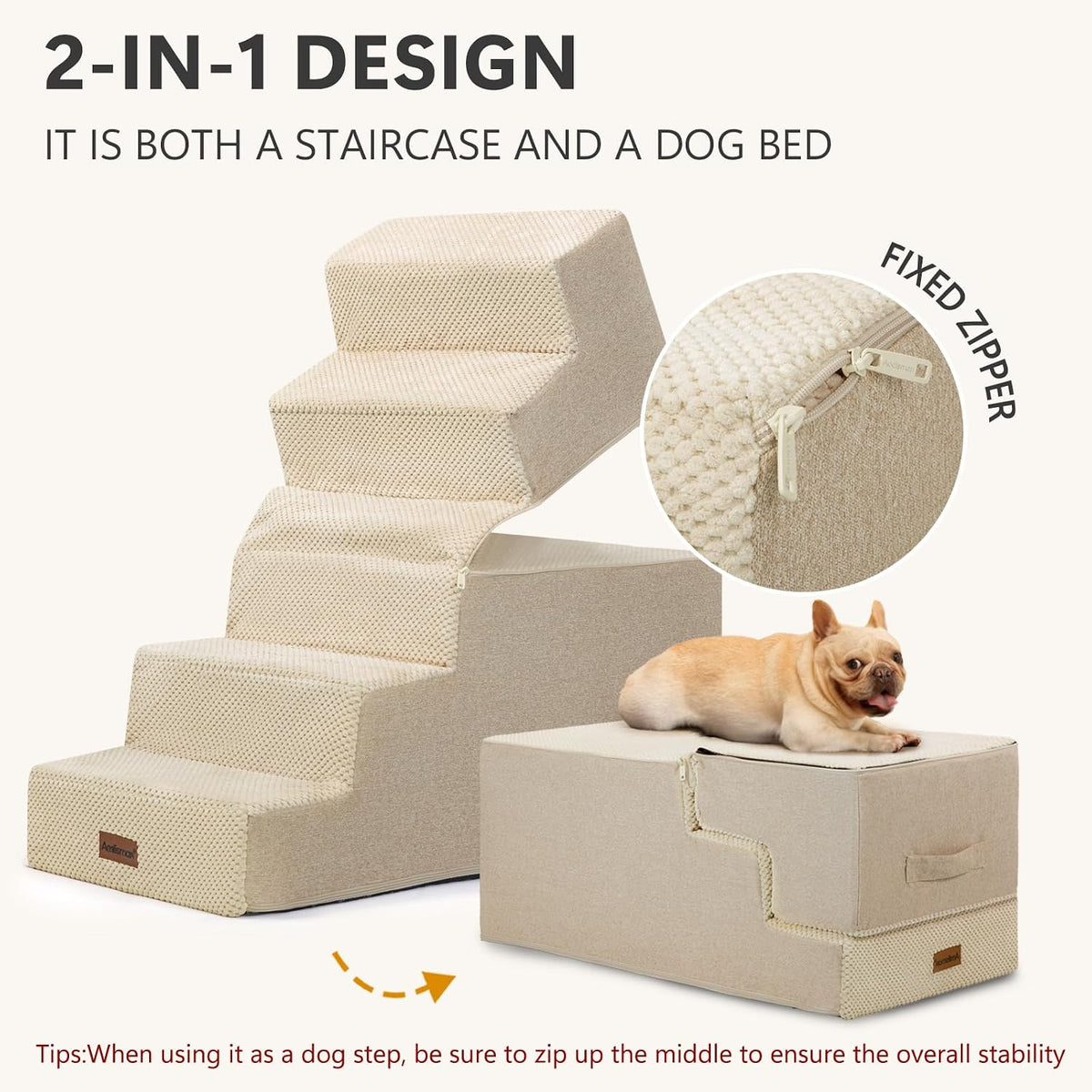 Dog Steps for High Bed, 5-Step Pet Stairs for Small Dogs and Cats – Essentials for Cats - Beige / 5 - image 4