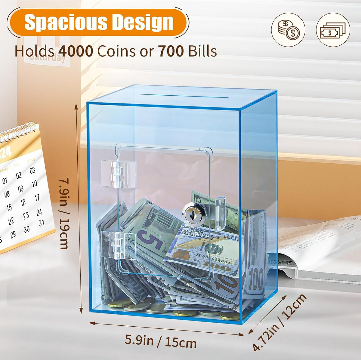 Hicocool Clear Acrylic Piggy Bank with Lock & Key - Blue - image 3