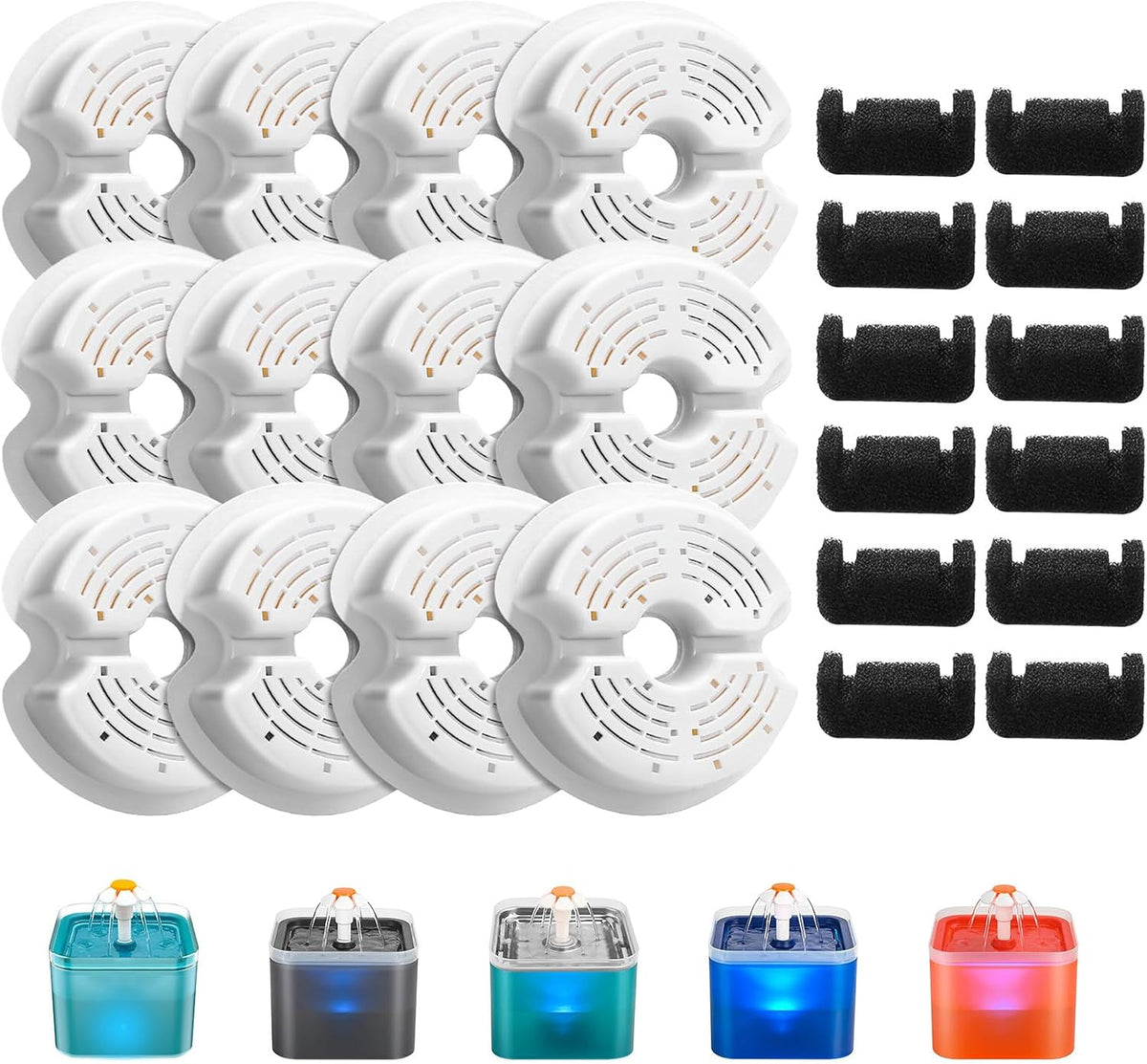 AONBOY Cat Water Fountain Filters - 12 Filters & 12 Sponges