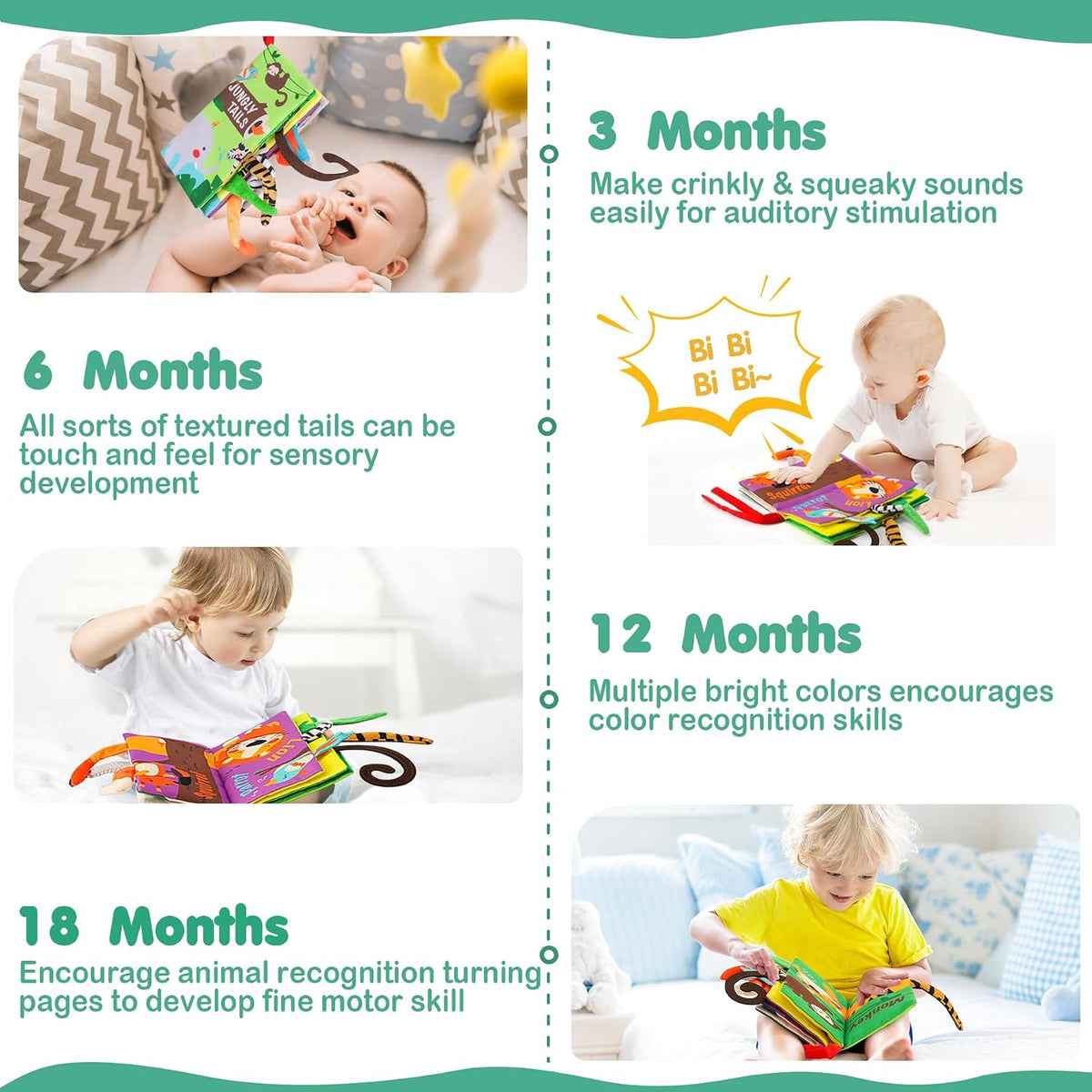 beiens Baby Books Toys, Tummy Time Touch and Feel Sensory Toys for Infant – Fun for Kids & Family - Jungle Tails-1 Book - image 3