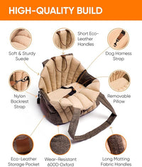 Dog Travel Bag | Cat Carrier | Small Pet Taxi | Lightweight Soft-Sided Tote, Car-Seat Compatible, Washable, 6–20 lb | Vegan Materials | Brown