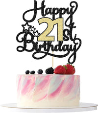 1Pc Happy 80th Birthday Cake Topper Black Gold Glitter Cheers to 80 - 21st