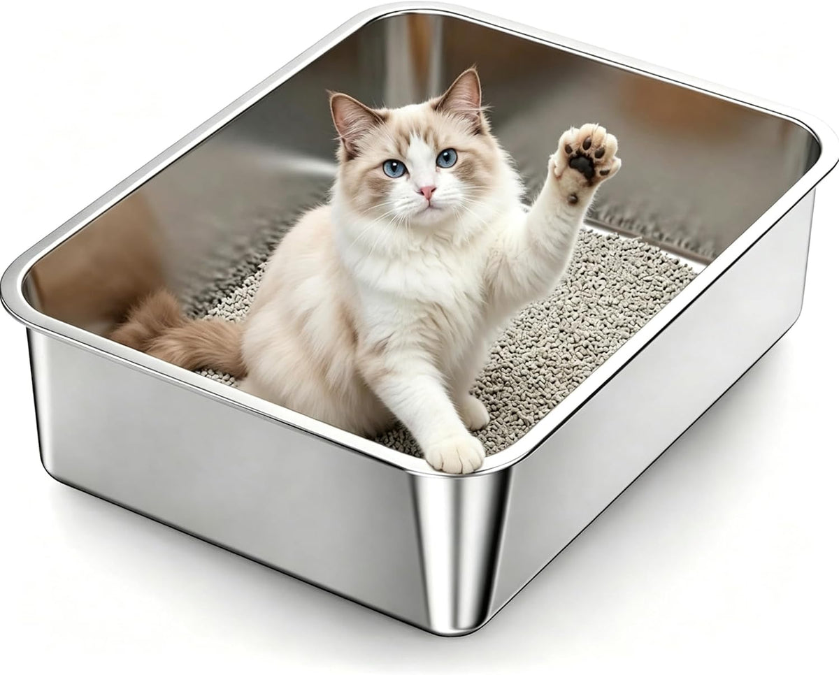 Stainless Steel Cat Litter Box Sturdy Metal Pan for Cats and Pets – Daily Care for Cats - 17.32L''×13.38''W×5.11''H