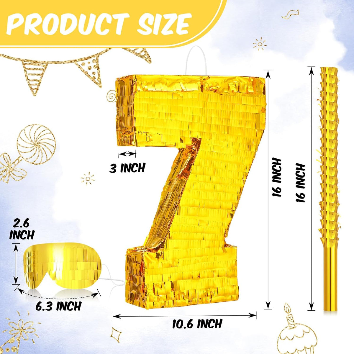 Sratte gold foil number piñata set with gold blindfold, piñata stick and bag of confetti - view 18