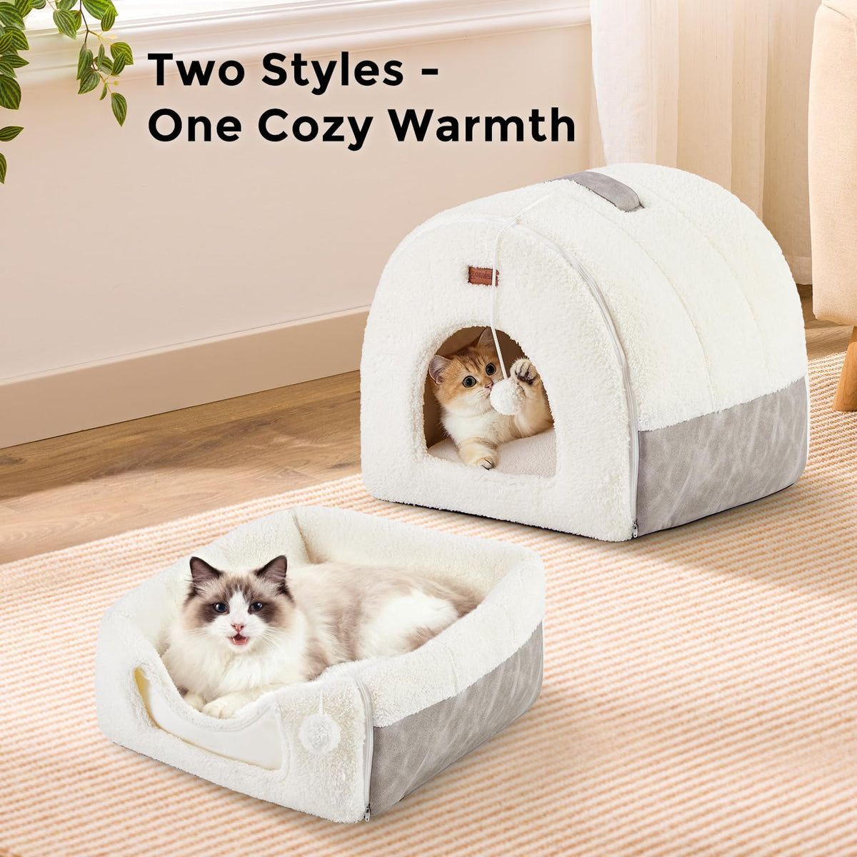 2in1 Cat Bed Cave for Indoor Cats Enclosed Bed with Washable Pillow – Essentials for Cats - M - 15.0"L x 15.0"W x 15.3"H / Cream - image 2