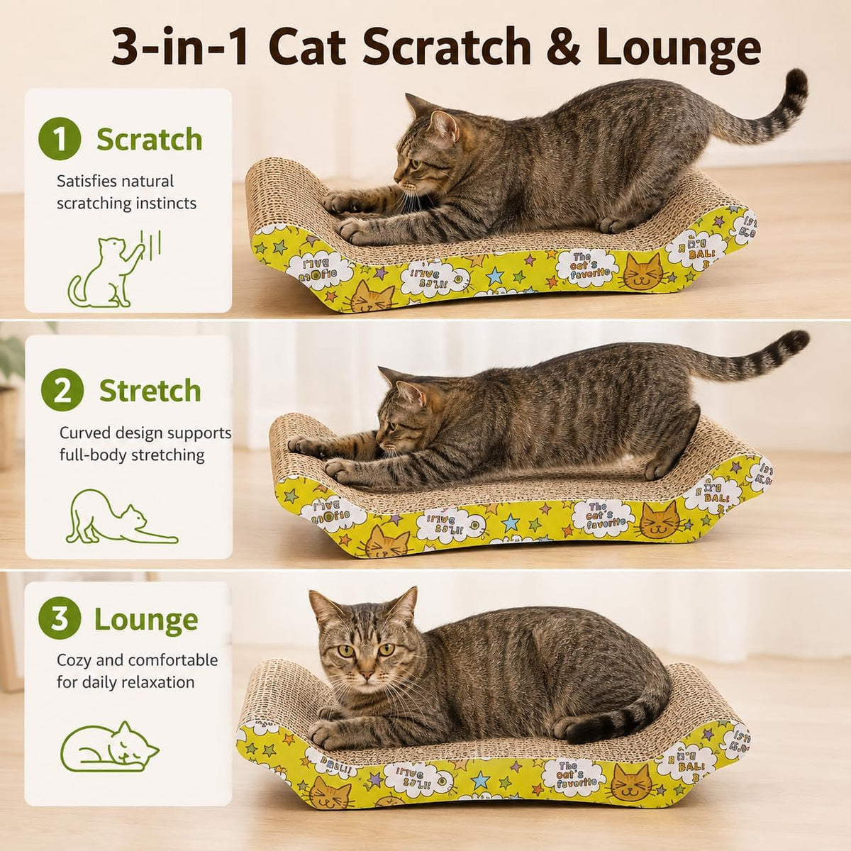 Wave Cardboard Cat Scratcher 2 Pack, 17"x8.5" Curved Cat Lounge – Essentials for Cats - image 3