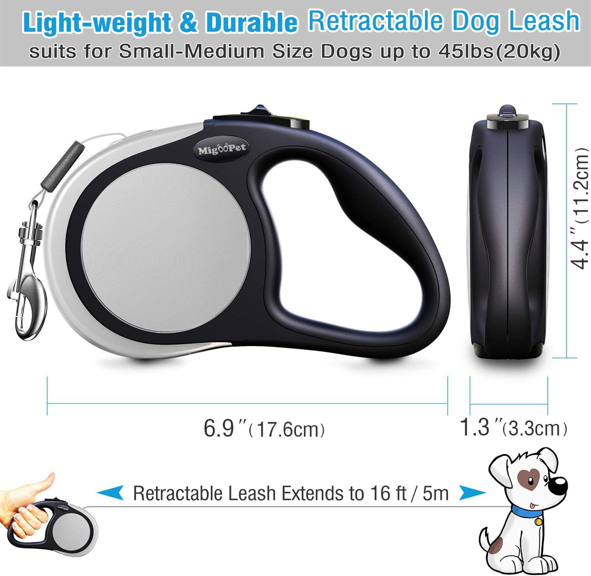 Heavy Duty Retractable Dog Leash-16ft Strong & Durable Walking Leash - Grey / Small/Medium - image 3