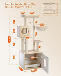 Tall Cat Tree with Litter Box Enclosure 56.7" Wooden Cat Tower for Large Cats with Cat Hammock House Bed (Wood Beige)