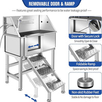 Professional Stainless Steel Dog Grooming Bathtub Station Wash Shower Sink with Faucet Walk-in Ramp and Accessories Pet Grooming Bathtub Station,34" L-RAMP