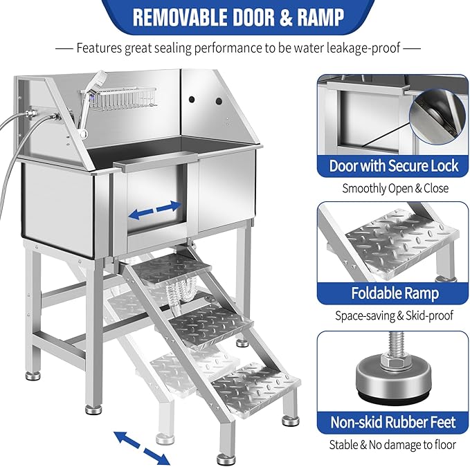 Professional Stainless Steel Dog Grooming Bathtub Station Wash Shower Sink with Faucet Walk-in Ramp and Accessories Pet Grooming Bathtub Station,34" L-RAMP