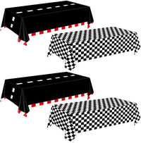Oigco race car tablecloth with black and white checkered pattern on a rectangular party table - view 2