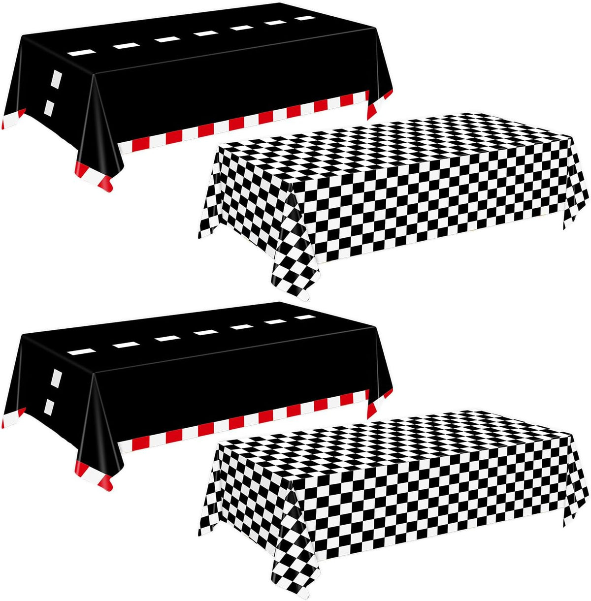 Oigco race car tablecloth with black and white checkered pattern on a rectangular party table - view 2