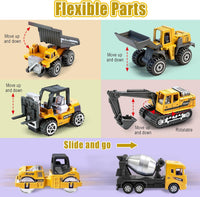 Tcvents 6-piece set of yellow diecast mini construction trucks including excavator and dump truck - view 5