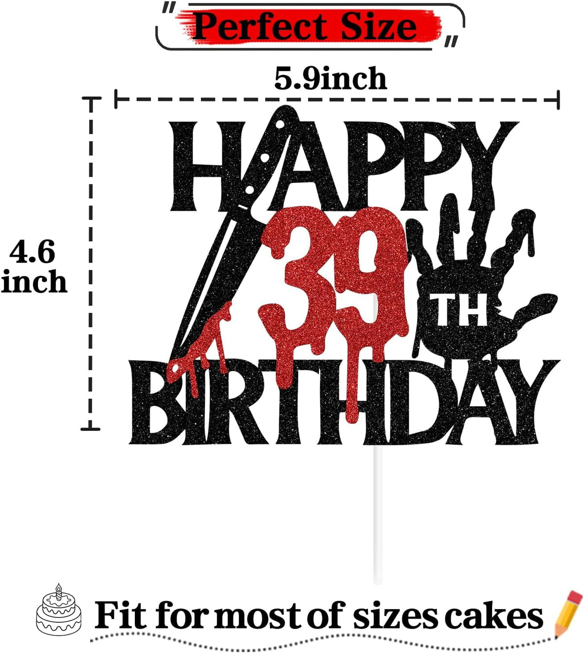 Black glitter Killer Happy 13th Birthday cake topper for a horror Halloween party - view 24