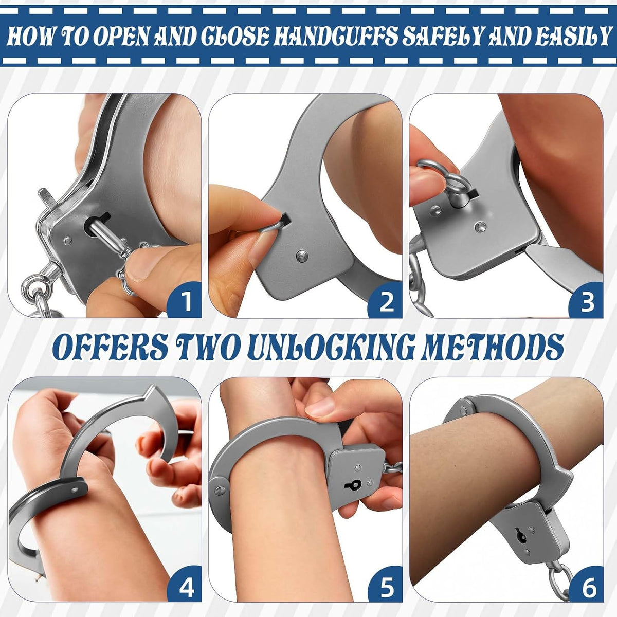 AUYYOSK silver metal toy handcuffs for kids with two keys - view 8