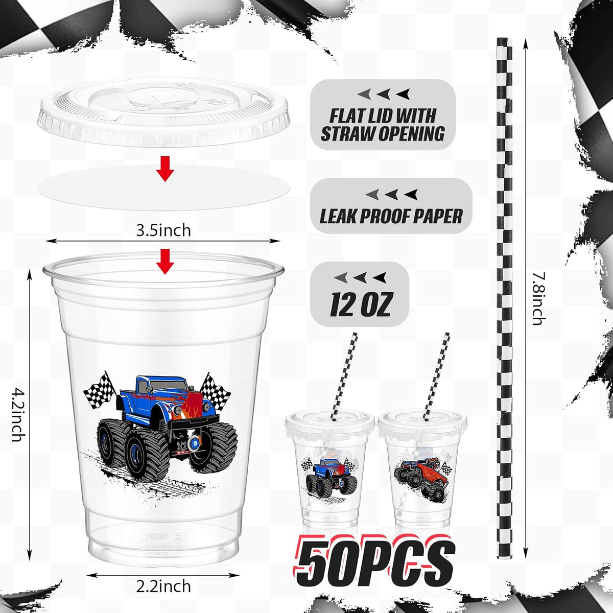 Teenyyou 12 oz clear plastic party cups with dirt bike design, lids and paper straws - view 15