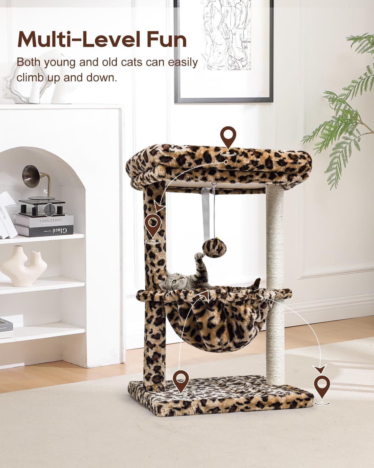 SYANDLVY Small Cat Tree for Indoor Cats - Leopard Print / Top Perch with Basket - image 4