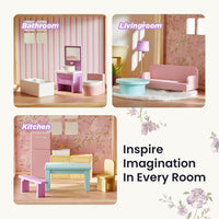 Tiny Land Wooden Dollhouse for Girls, 6 Rooms Wooden Doll House - Unicorn Purple - image 4
