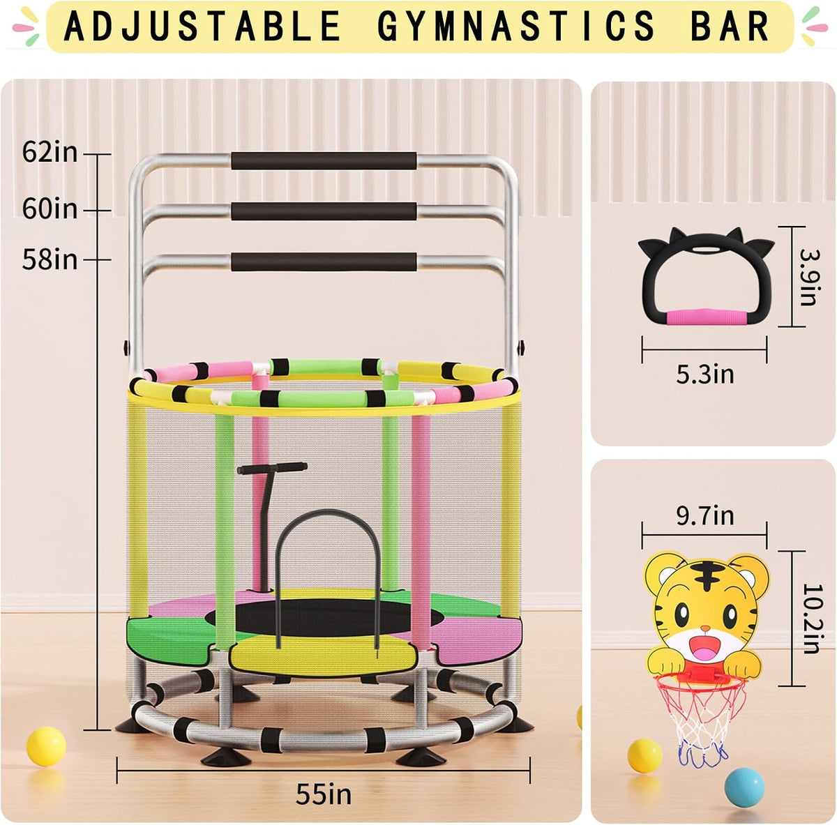 BLINWORLD toddler trampoline with enclosure net, T-handrail and basketball hoop - view 8
