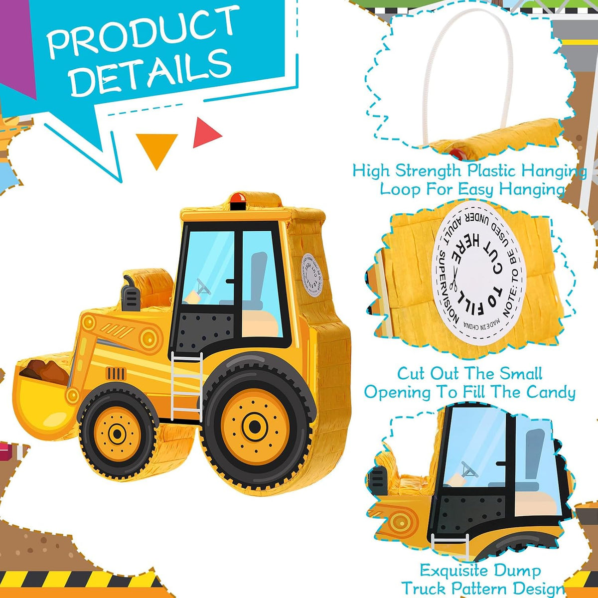 Aoriher Construction Dump Truck Excavator Piñata with Blindfold Bat – Fun for Kids & Family - Bulldozer - image 2