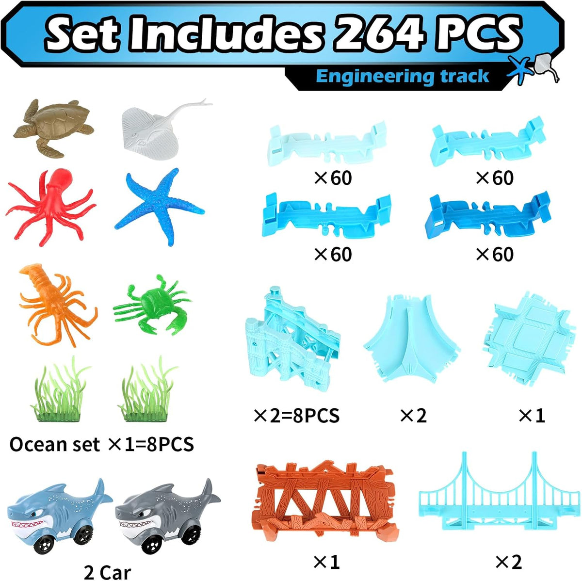 264 PCS Construction Race Tracks for Kids Toys - Shark Race Track - image 4