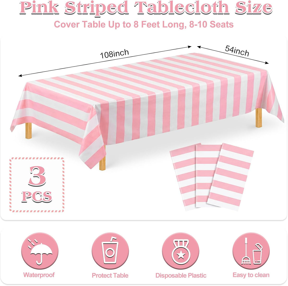 3 Pack Plastic Birthday Tablecloth - Pink Striped - image 2