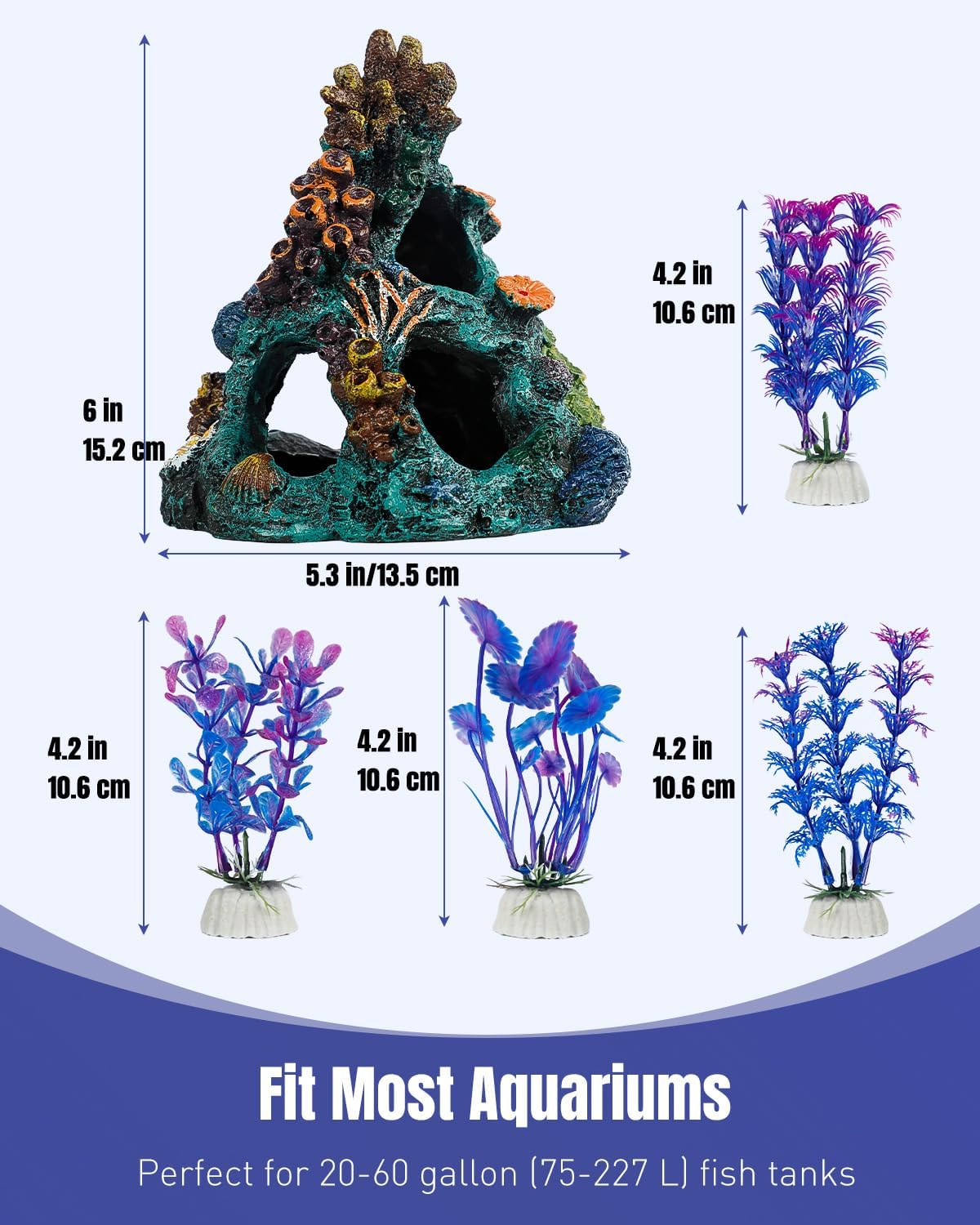Uniclife Aquarium Decorations Resin Coral Rock Mountain Cave Fish - Green Coral Tower + Purple Seaweed - image 2