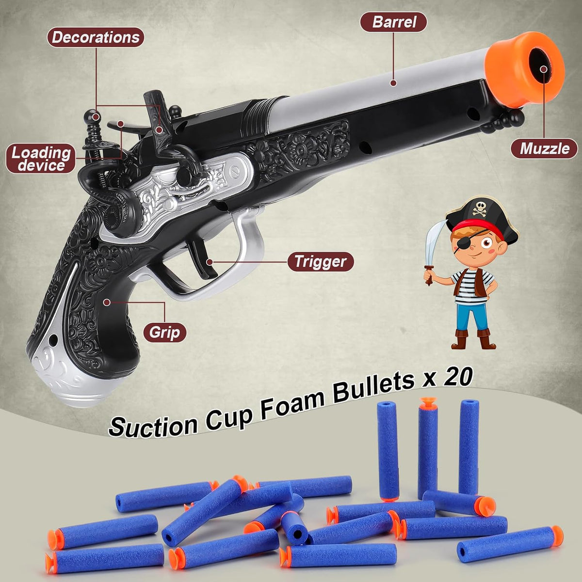 Toy Pirate Foam Blaster for kids Soft Foam Darts 20pcs Themed - Silver - image 3