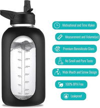 32 oz Glass Water Bottle with Straw and Handle, Sports Motivational Water Flask with Silicone Sleeve, Large Leakproof Water Flask Cup with Time Marker for Travel, Gym, Dark Blue