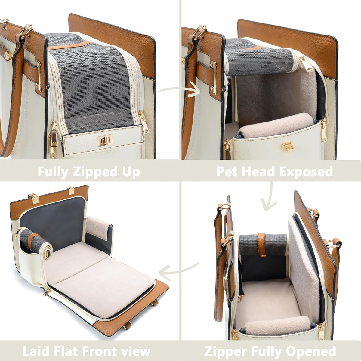 2-in-1 Stylish Dog Purse Carrier Travel Tote Bag for Small Dogs Cats - Beige+Brown / 15" L x 7.5" W x 12.2" H - image 3