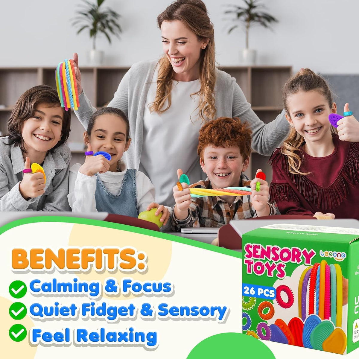 LESONG fidget toys for kids, 26 pack of textured stones, stretchy strings and sensory rings - view 3