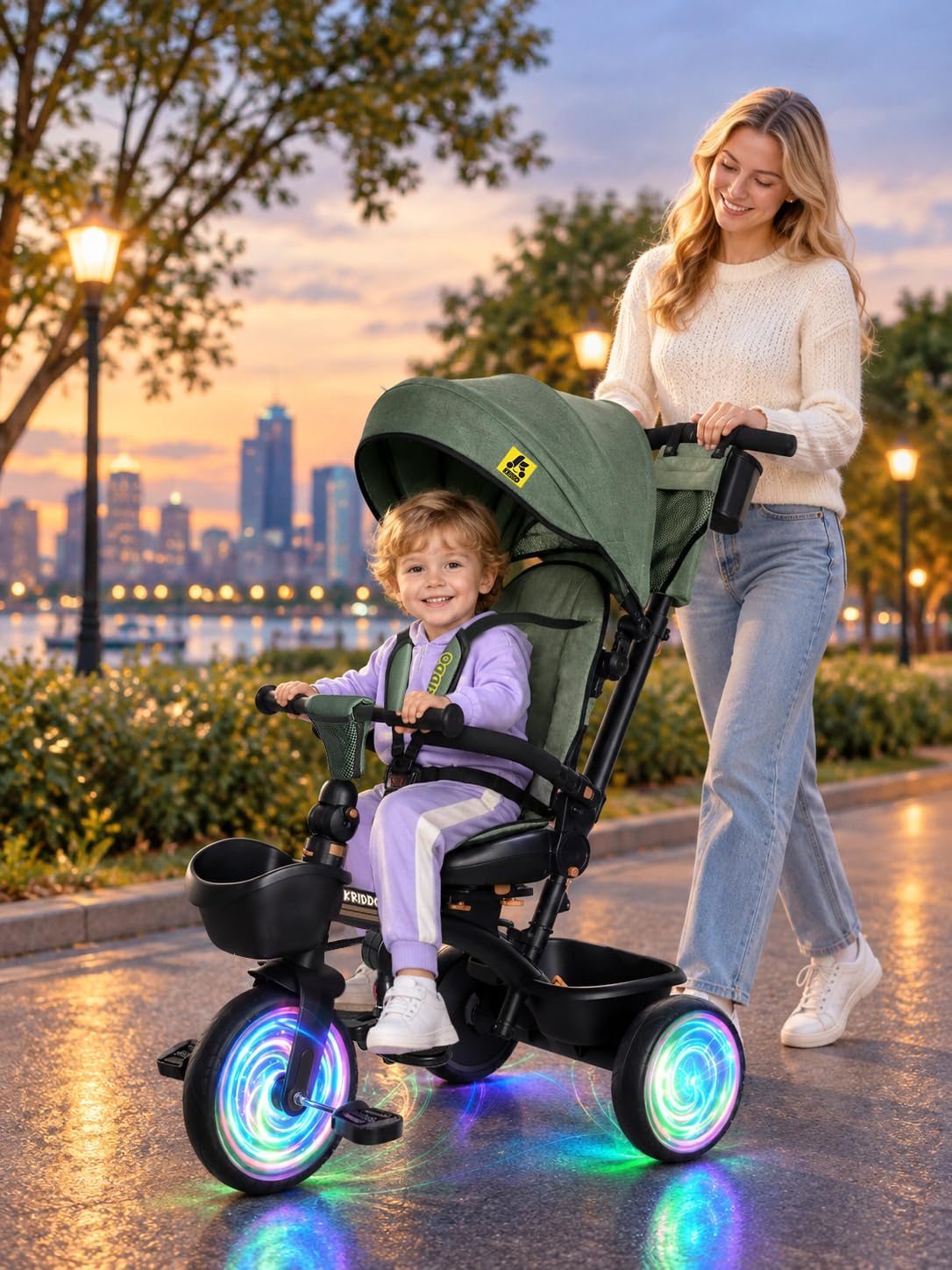 KRIDDO 7-in-1 toddler push tricycle with parent steering handle and canopy - view 17