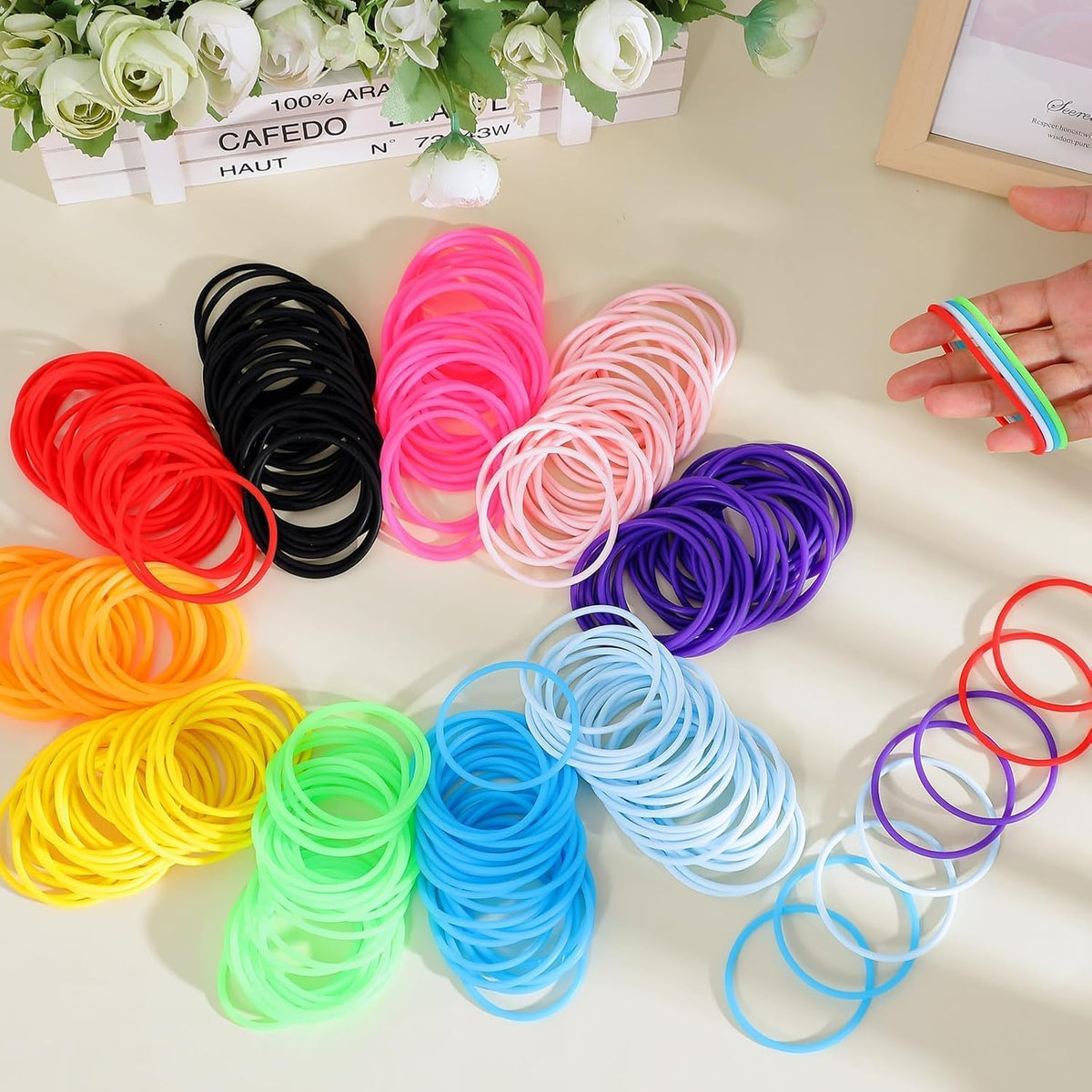 Hotop 100 Pcs Multicolor 80s Silicone Jelly Rubber Bracelets Hair Tie - Multicolor / 800 - image 4