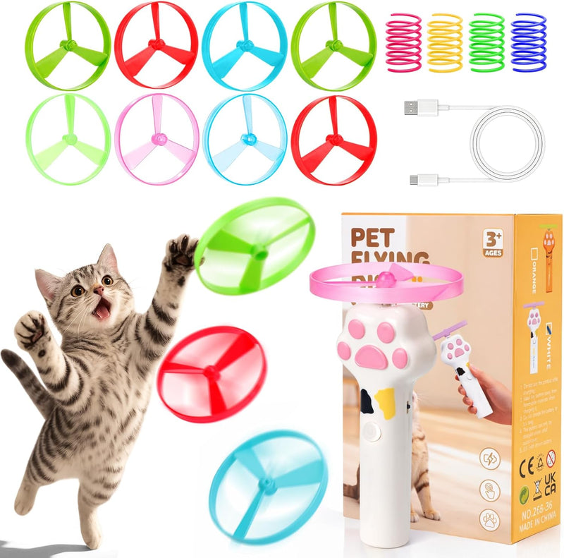 Cat Toy Disc Launcher, Rechargeable Interactive Cat Fetch Toy Launcher with 8 Flying Discs, Flying - White