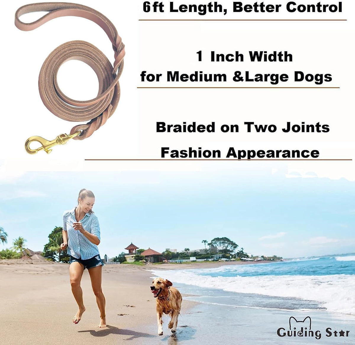 Guiding Star Leather Dog Leash 6ft x 3/4 inch Heavy Duty Training - Light Brown / 6ft x 1 inch - image 2