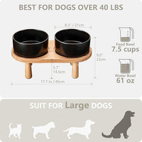 Ceramic Elevated Dog Bowls, Pet Food and Water Bowl Set for Large Dogs, 7.5 Cups Dog Bowls Raised with Wood Stand, 61OZ, Black