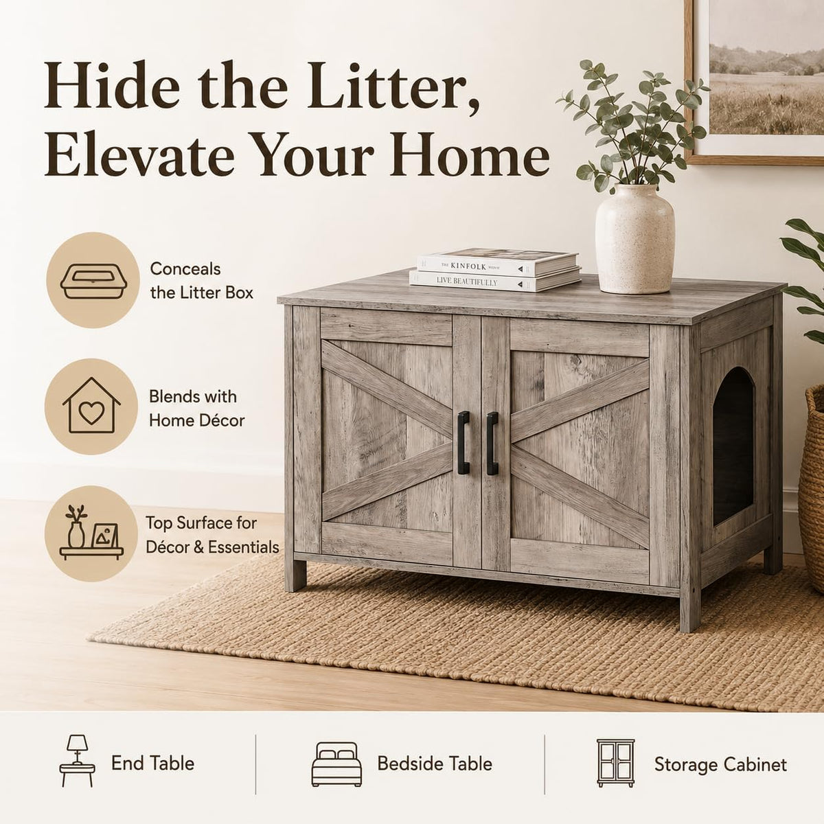 31.5" L Cat Litter Box Enclosure with Barn Door - 31.5"L / Greige - image 2