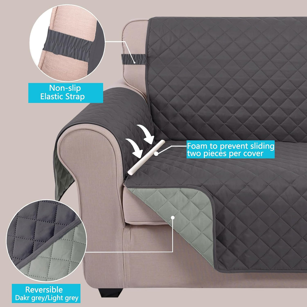 U-NICE HOME Loveseat Sofa Cover for 2 Cushion Couch, Dark Grey – Essentials for Pets - Dark Grey/Light Grey / 28''recliner-oversized - image 4