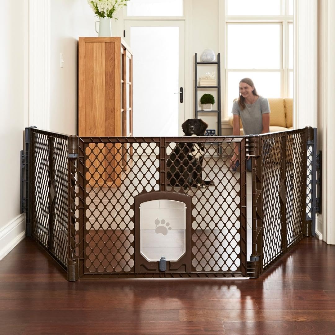 MyPet North States Petyard Plus: 3 Ft. Wide Folding Dog Playpen - 3-Panel Barrier / Small Pet Door / Brown